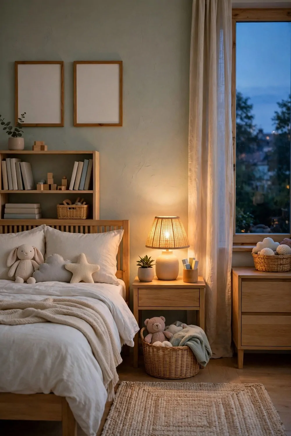 20 Kids Bedroom Ideas That Grow With Your Child 20 A bright tidy kids bedroom at dusk with a warm lamp glow, soft light, calm and cozy