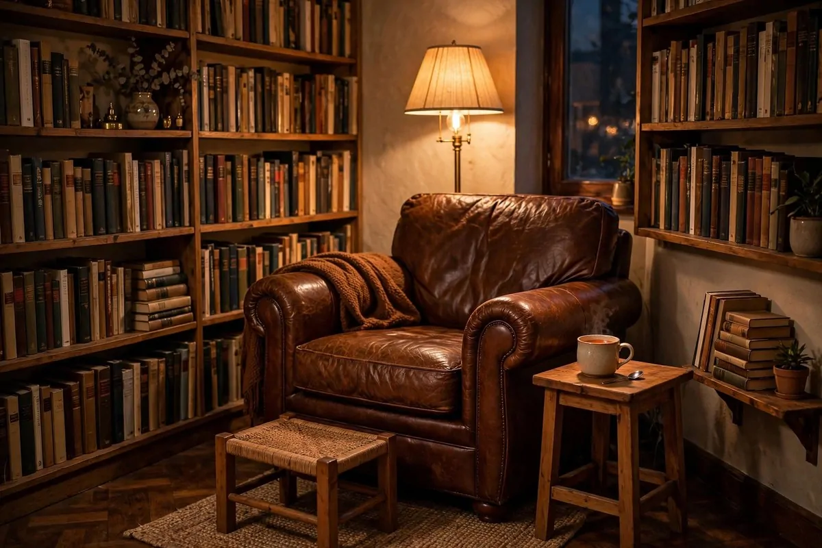 Rich brown leather armchair with a brass floor lamp in a quiet reading corner