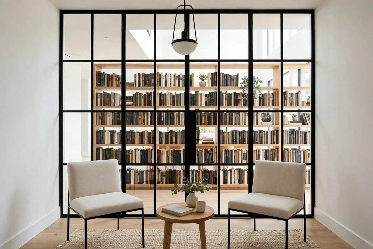 Home library sitting room with a black framed glass wall separating it from the hallway