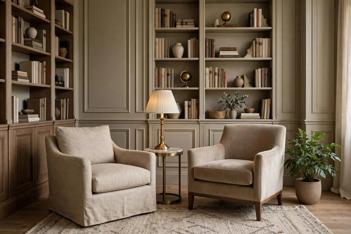Elegant library sitting room with greige paneled walls and velvet armchairs