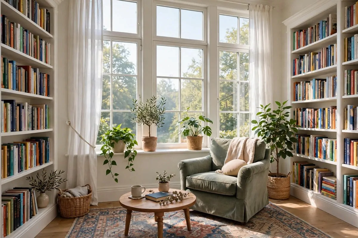 Bright airy library sitting room with tall windows and light wood bookshelves