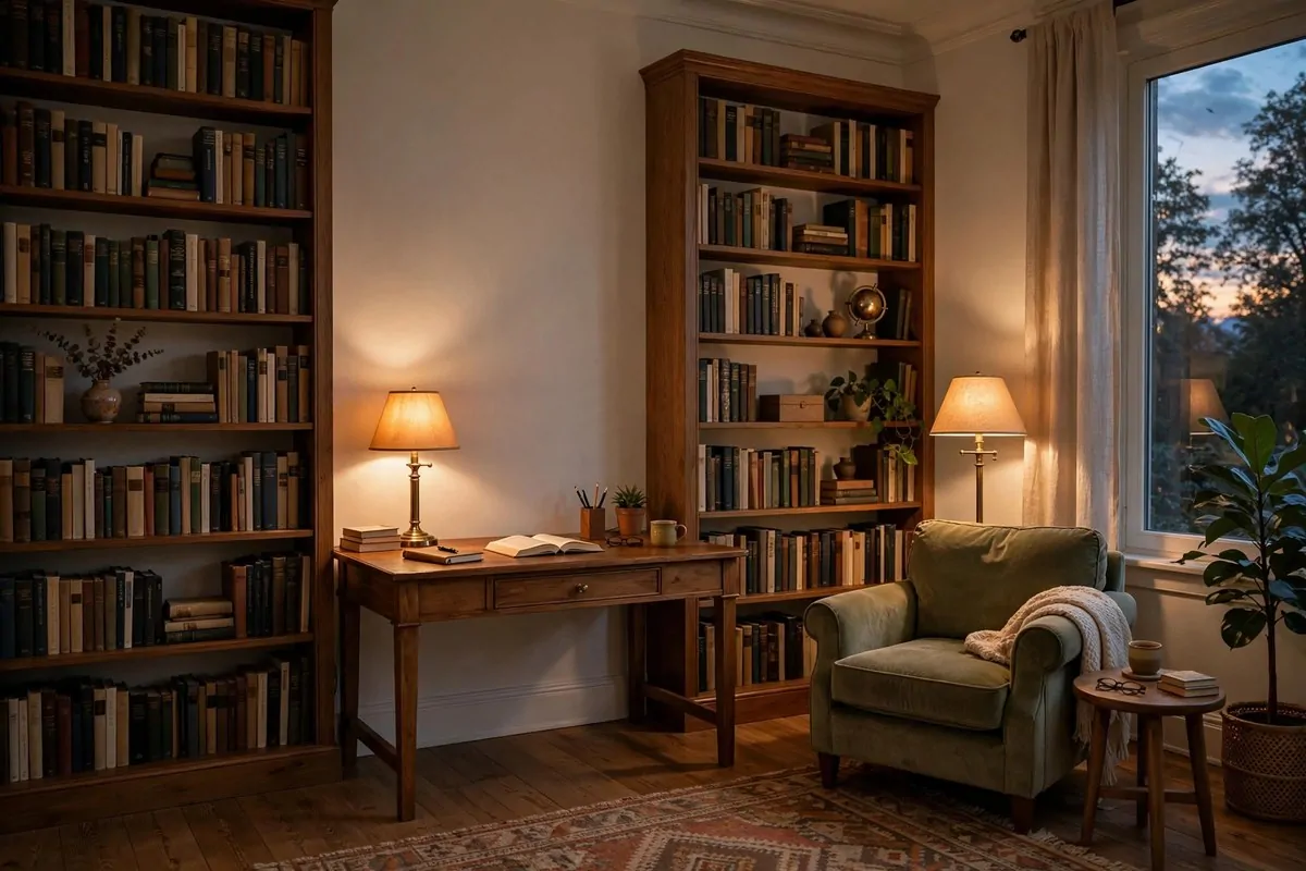 Room blending a library and office with a desk between bookshelves