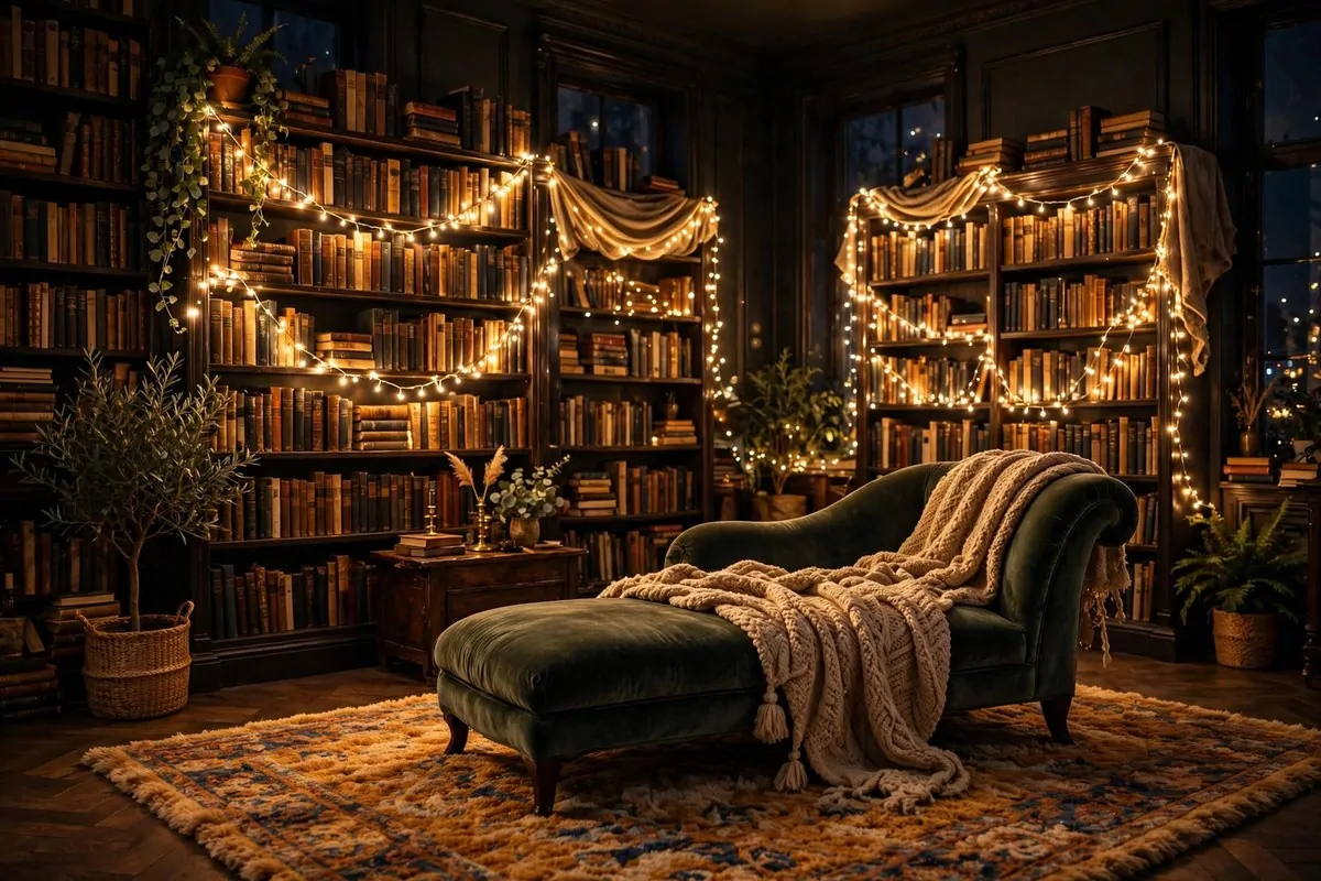 Library sitting room glowing with warm fairy lights draped over shelves