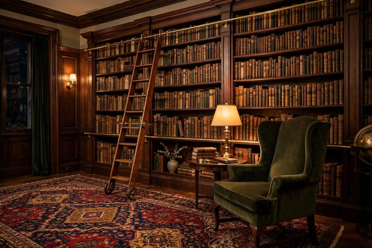 Traditional library sitting room with tall dark shelves and a rolling ladder