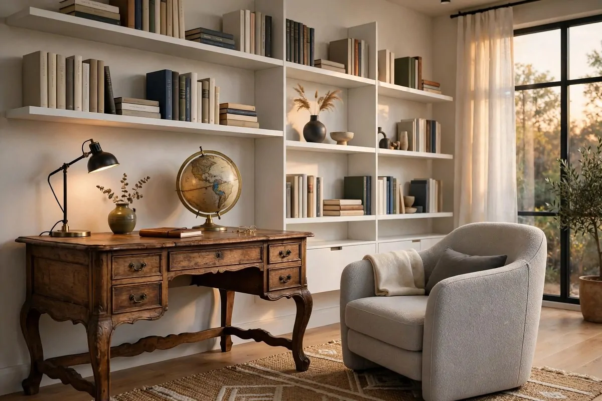 Library sitting room mixing a vintage wooden desk with modern shelves