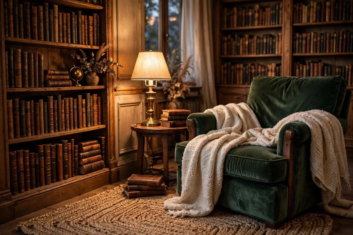 Cozy library sitting room layering wood, velvet, wool and brass textures