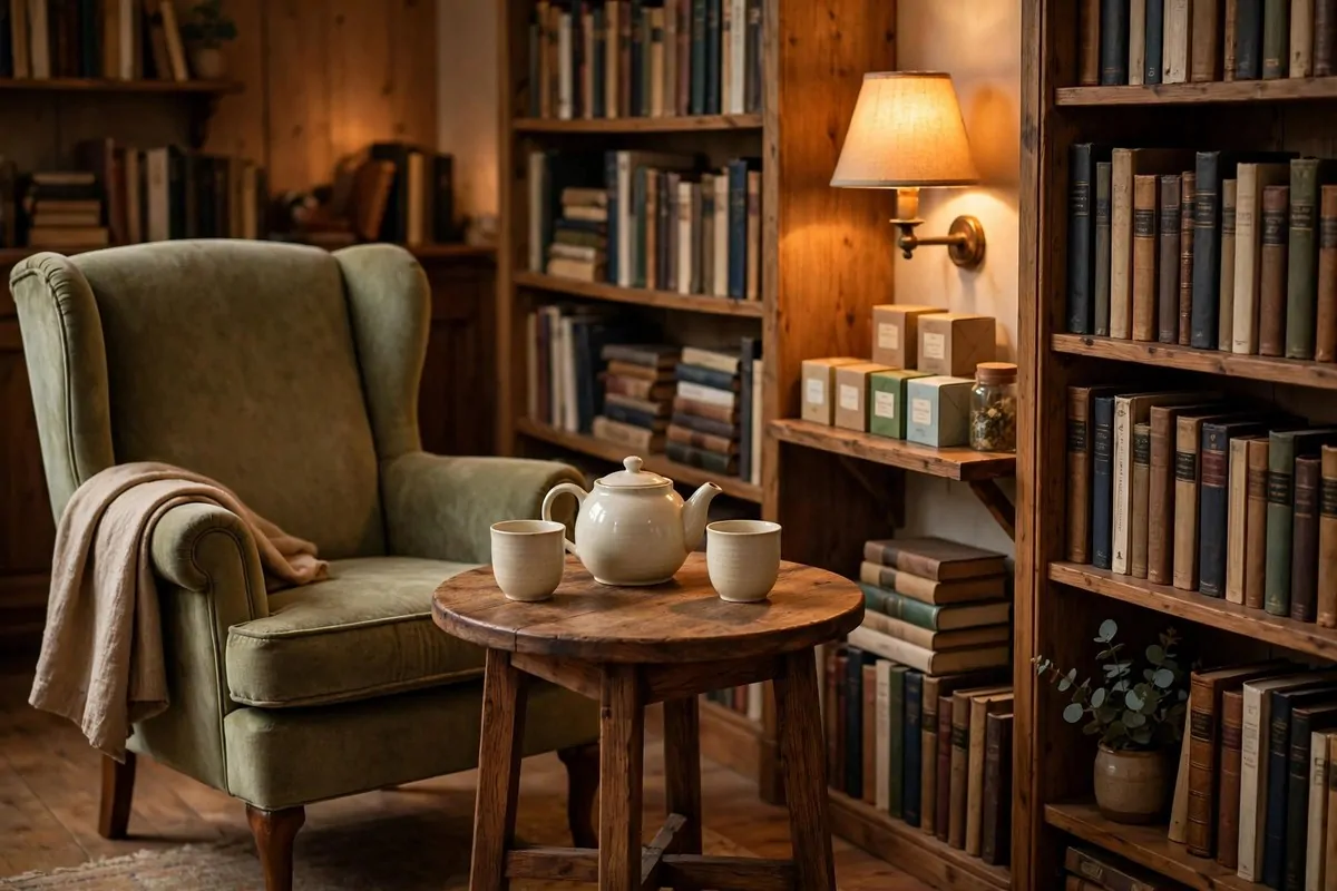 Small round table with a teapot and cups between two reading chairs