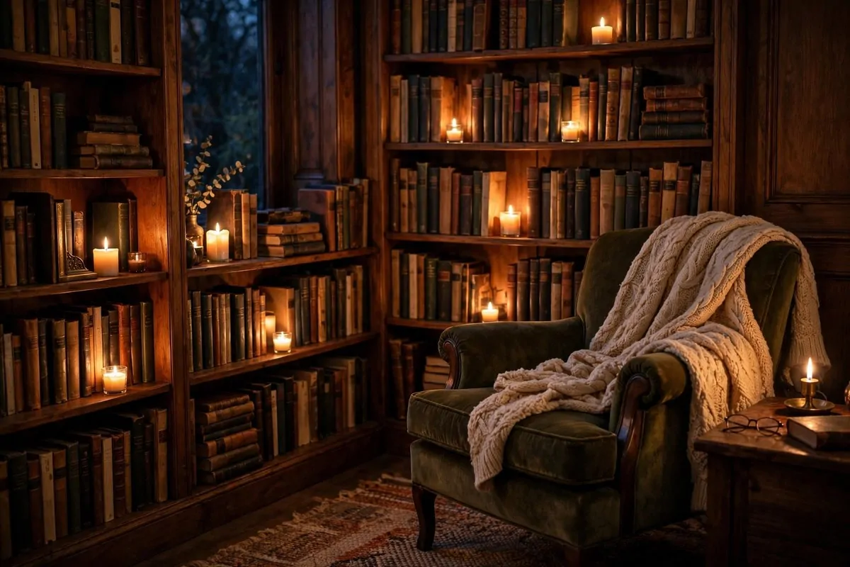 Library sitting room with glowing candles on shelves between books