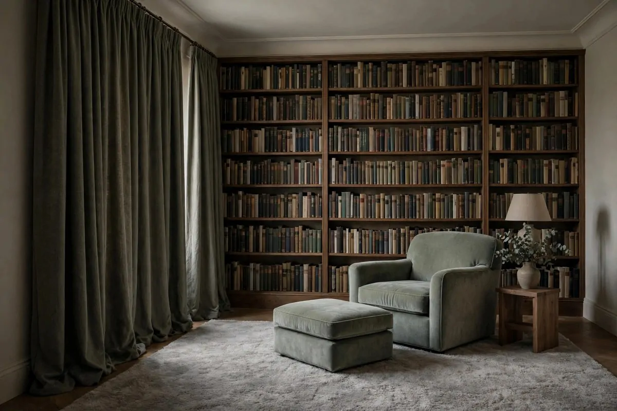 Quiet library sitting room with thick rugs, heavy curtains and soft furniture