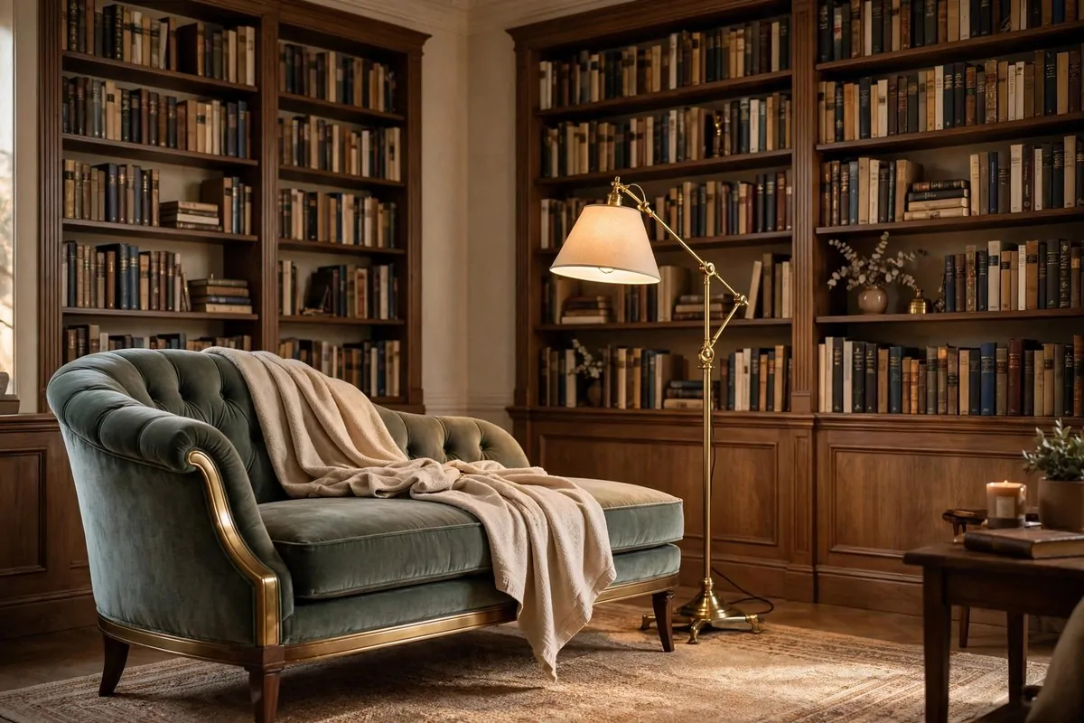 Elegant chaise lounge in a book lined sitting room