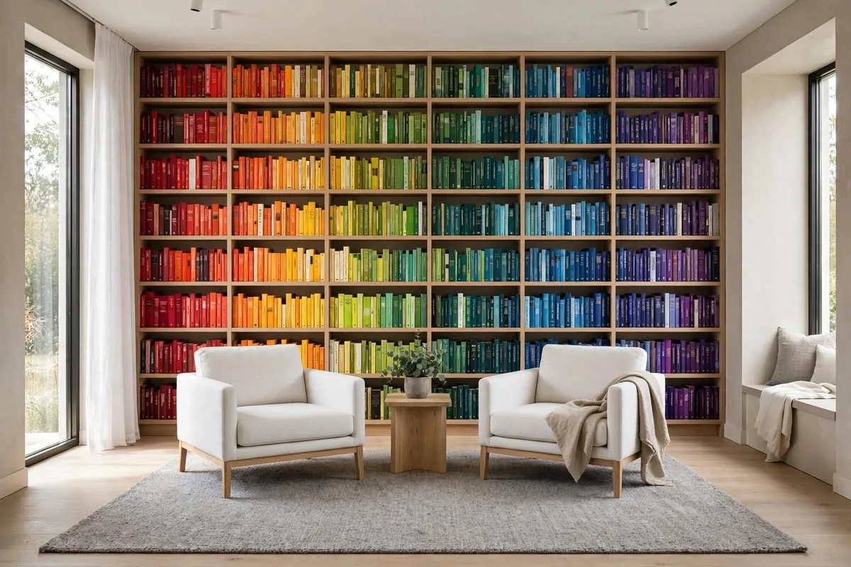 Library sitting room with books arranged in color order on the shelves