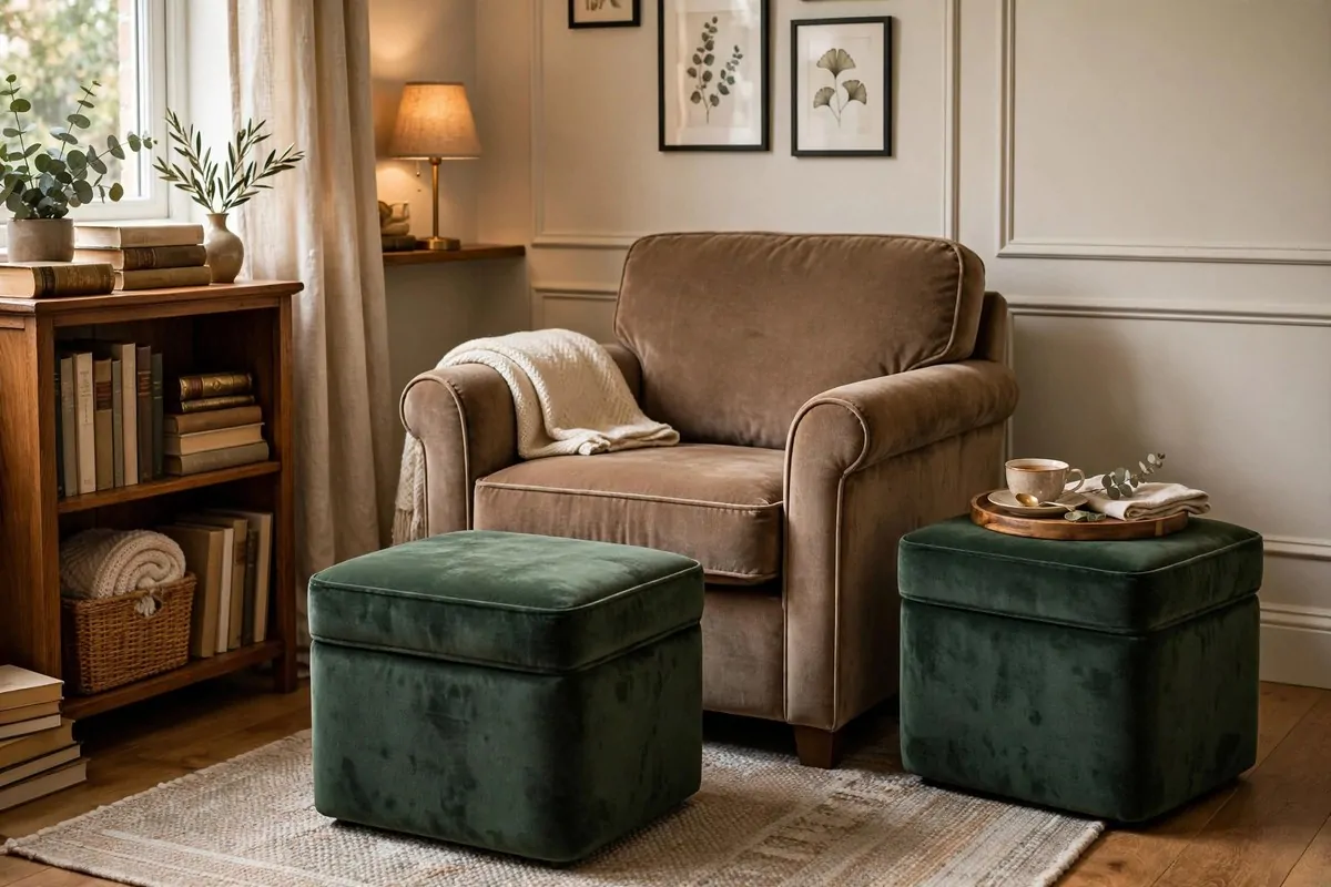 Small library sitting room with storage ottomans doubling as tables