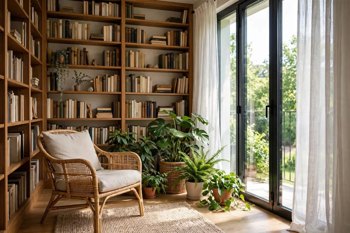 Library sitting room beside glass balcony doors with plants and daylight