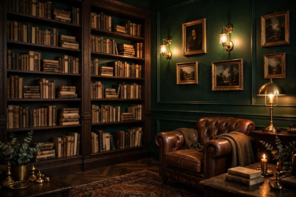 Library sitting room with deep green walls, brass lamp and warm wood shelves