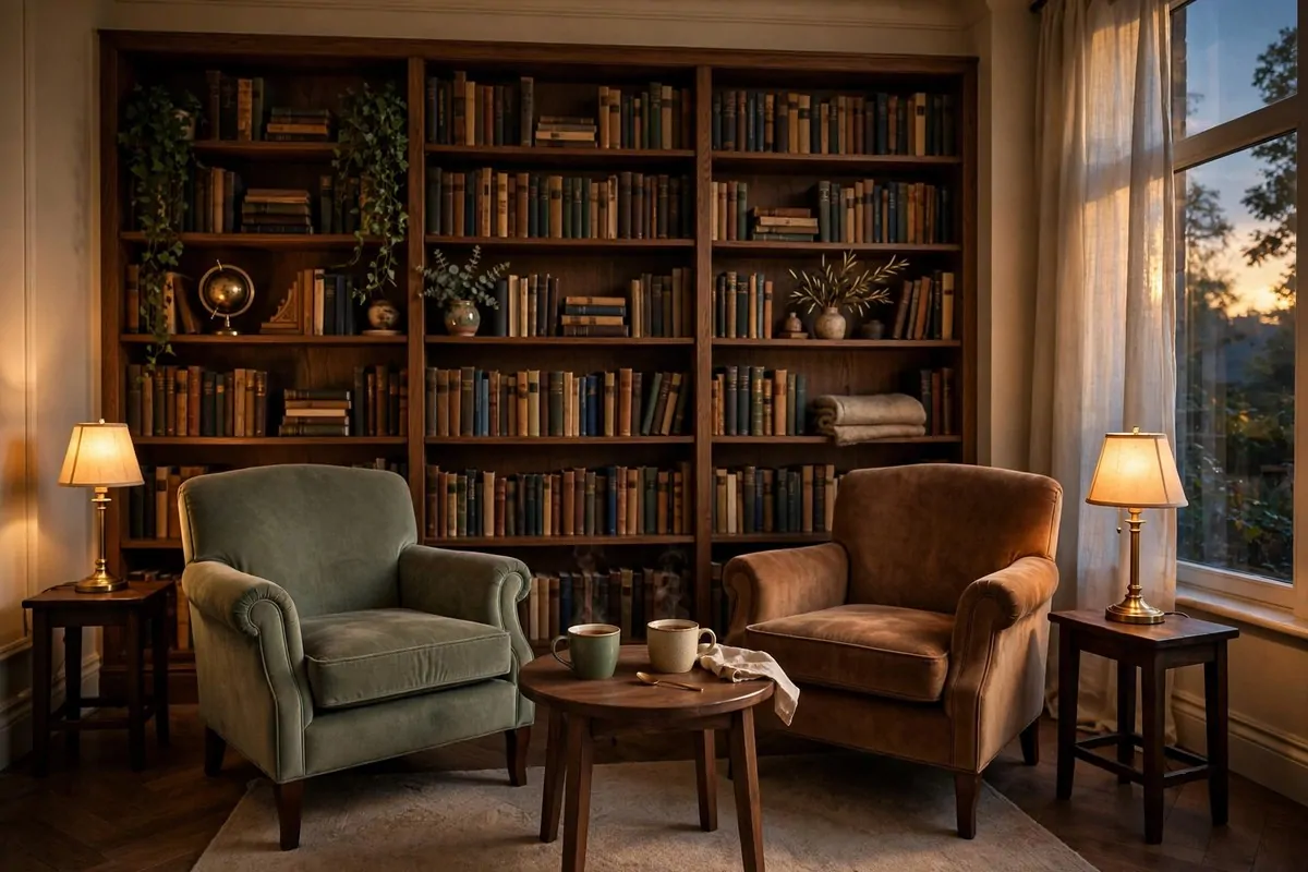 Library sitting room with two comfortable chairs facing each other for conversation