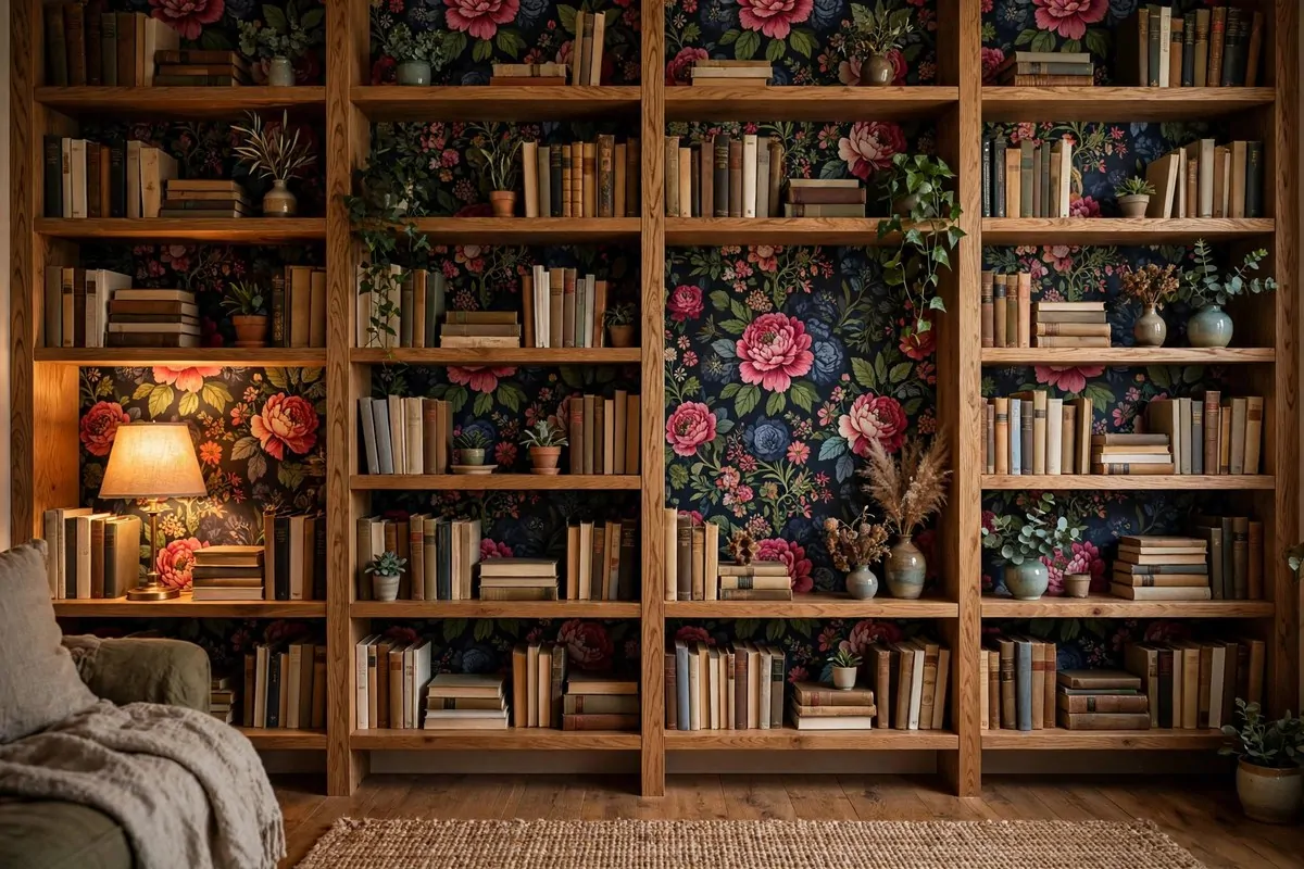 Large vintage world map on the end wall of a cozy home library