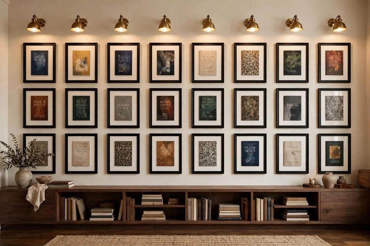 Framed illustrated fantasy map with mountains on a navy library wall
