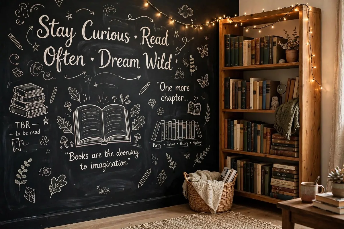 Black and white writer portraits in matching frames above a bookshelf