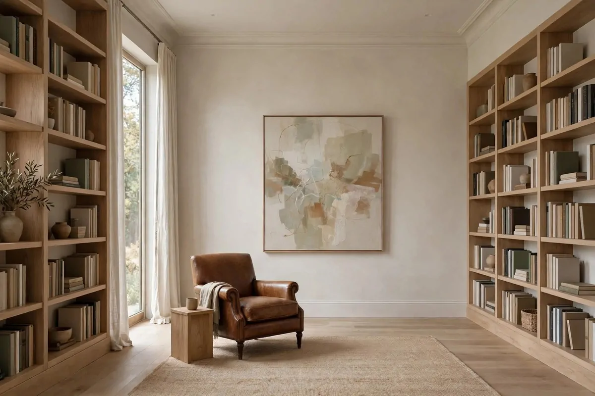 Large framed literary quote typography art above a wooden bookshelf
