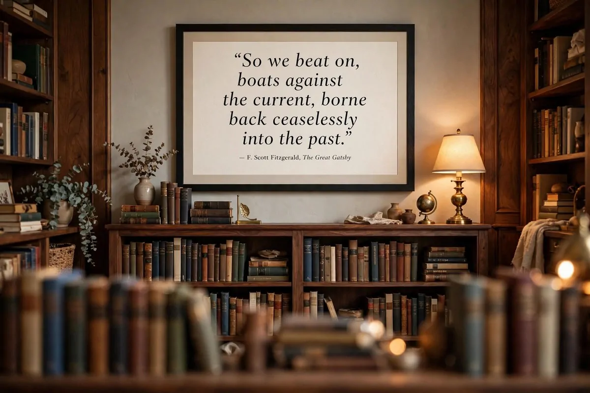 Oversized framed vintage library card catalog prints on a blue library wall