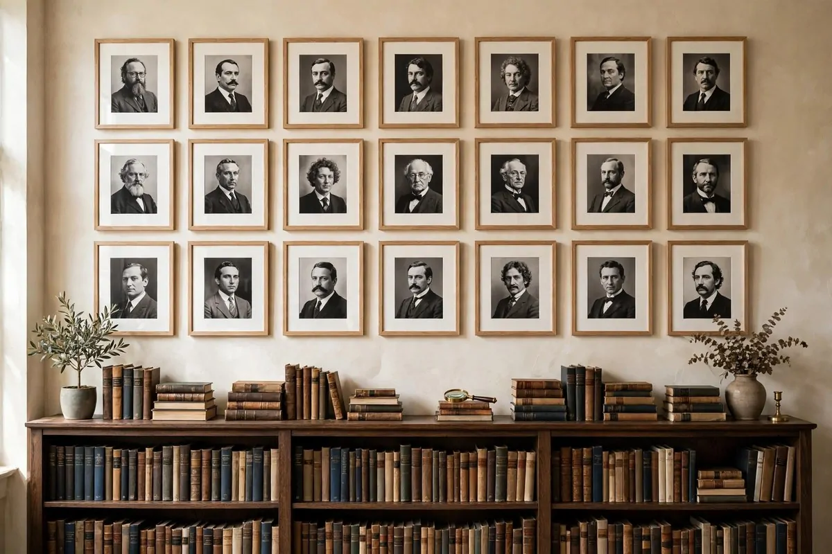 Framed antique book pages with engravings in brass frames on a green wall