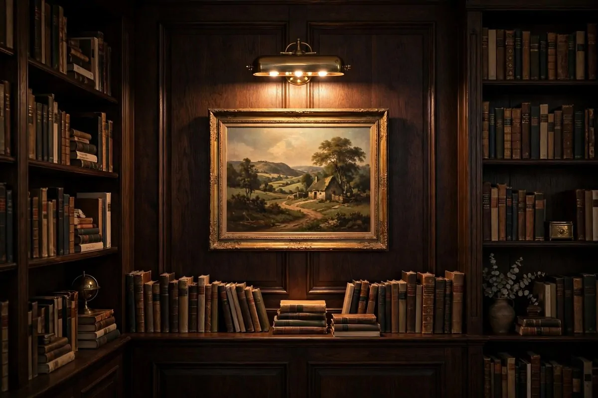 Moody foggy forest oil painting above a velvet armchair in a library