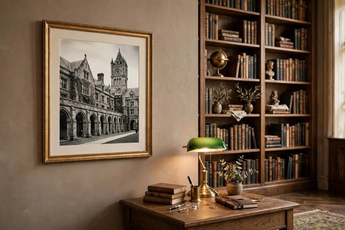 Tall narrow framed print of a historic facade in the slot between two bookshelves