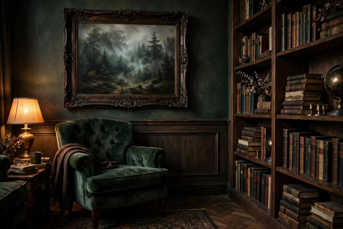 Wide panoramic landscape canvas above a long low row of bookshelves