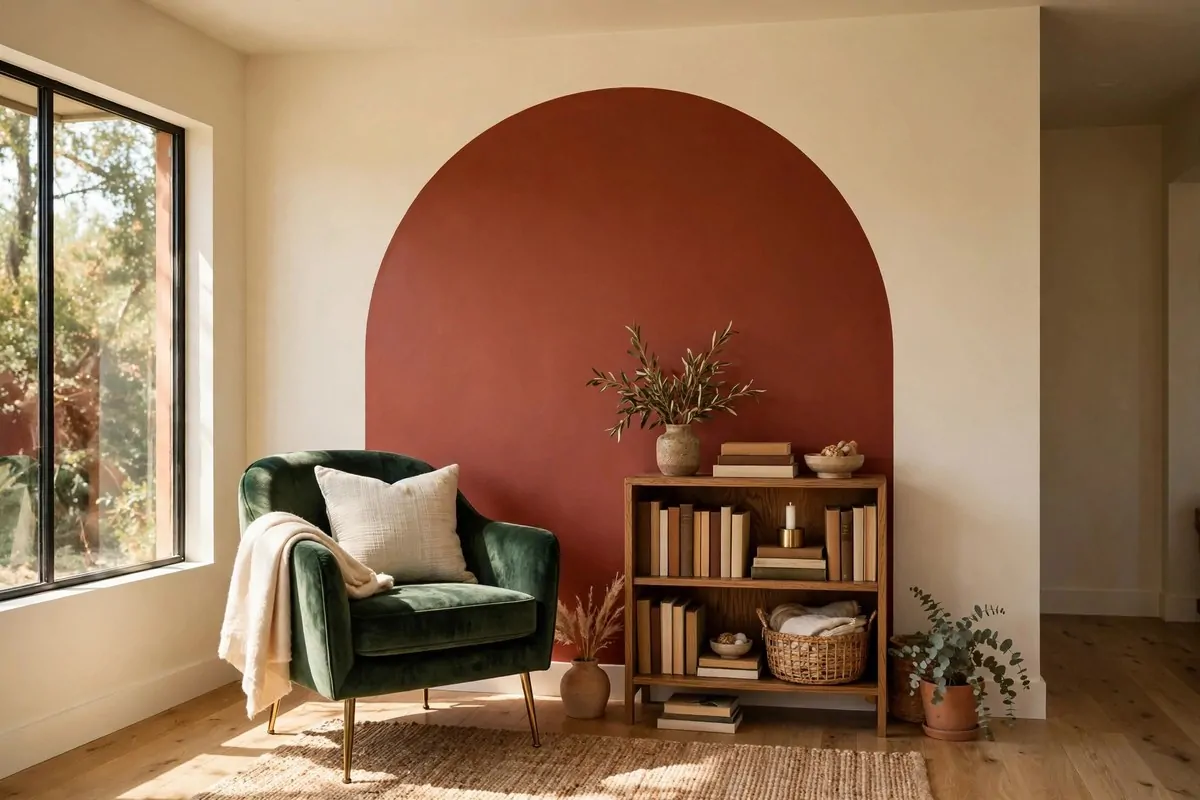 Terracotta painted arch mural behind a reading chair in a library corner