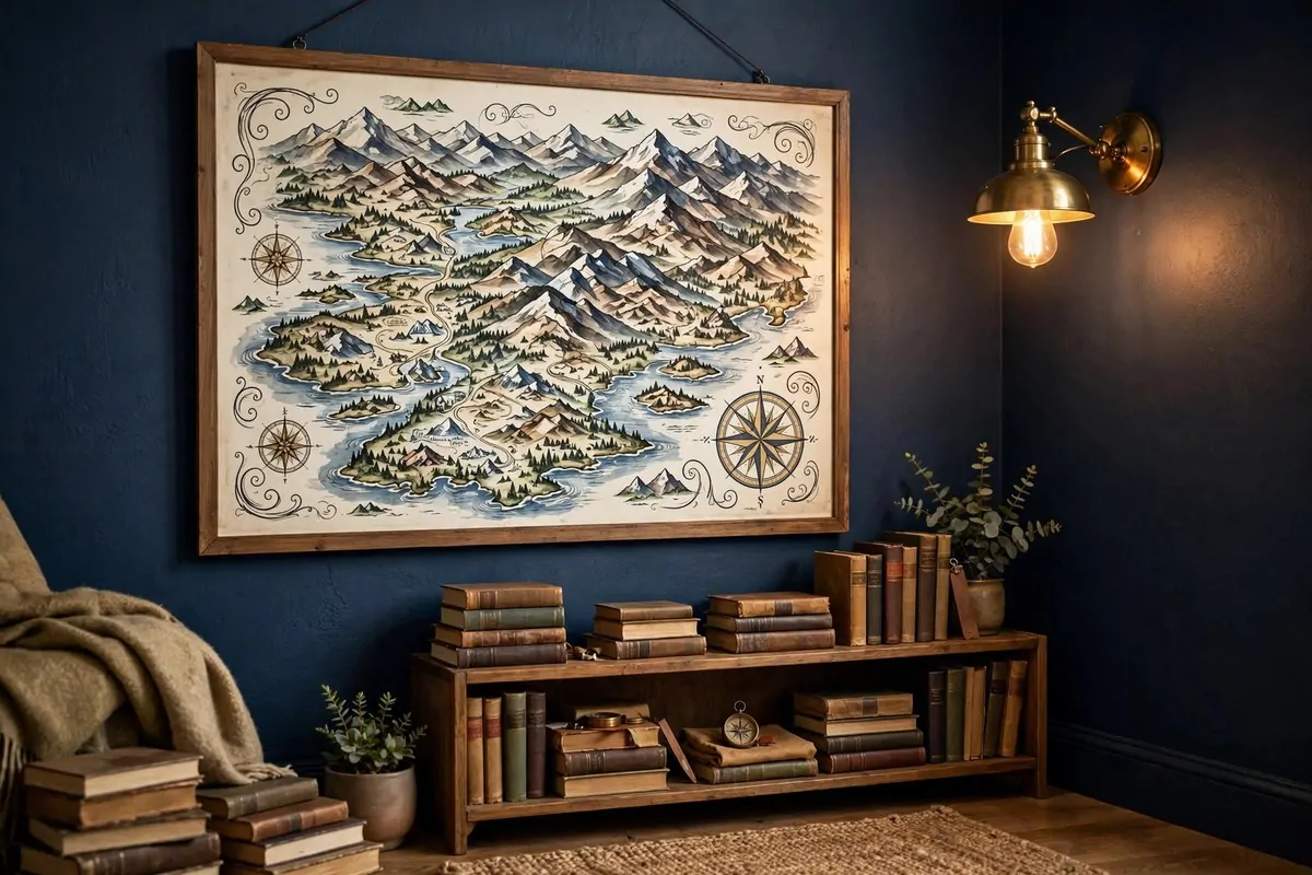 Wall covered in bookshelf-print wallpaper creating a trompe l'oeil library