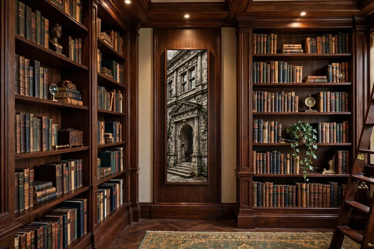 Black chalkboard accent wall with handwritten quotes in a library corner