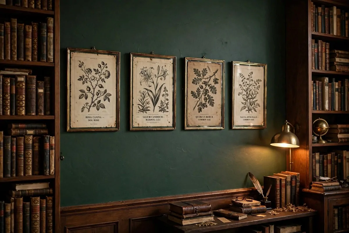 Brass picture light glowing over framed art on a dark library wall