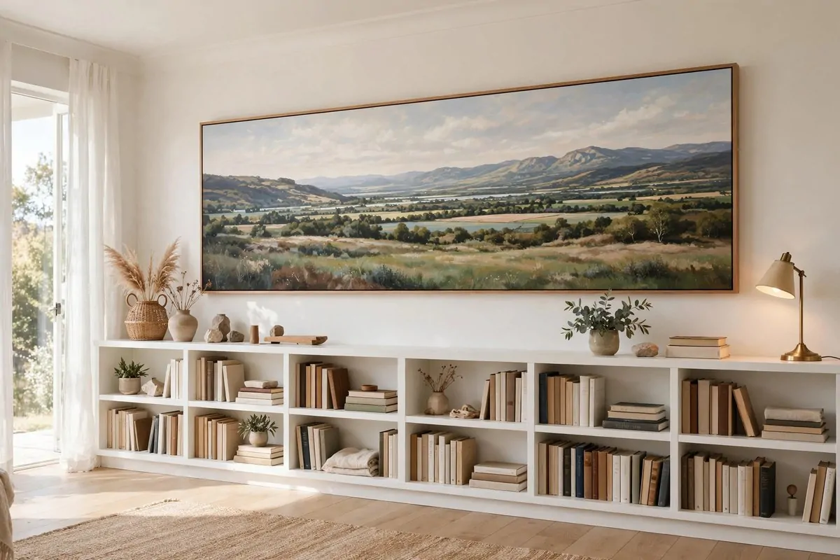 Single large painting alone on a plaster wall facing a reading chair