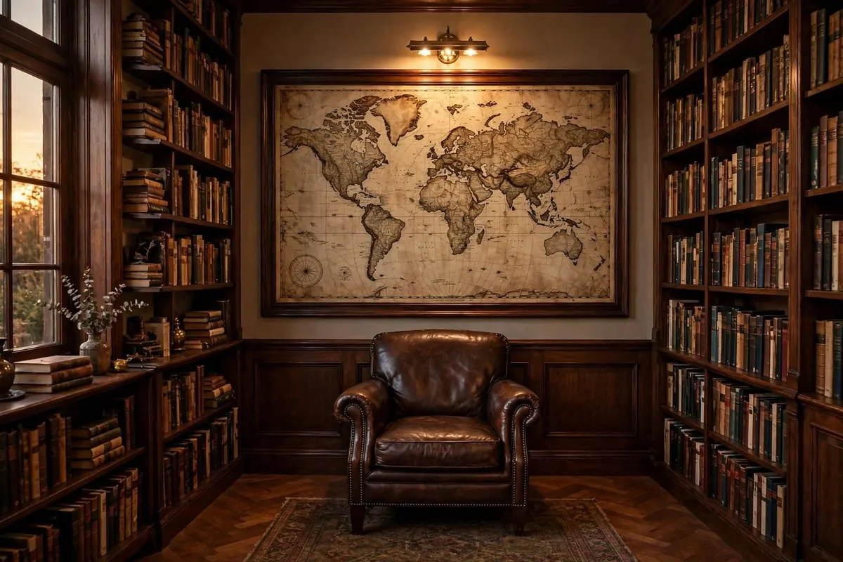 Framed print of a historic university hall beside a desk lamp