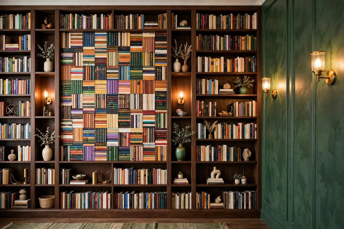 Empty wall with one framed painting hung first while bookshelves are built around it