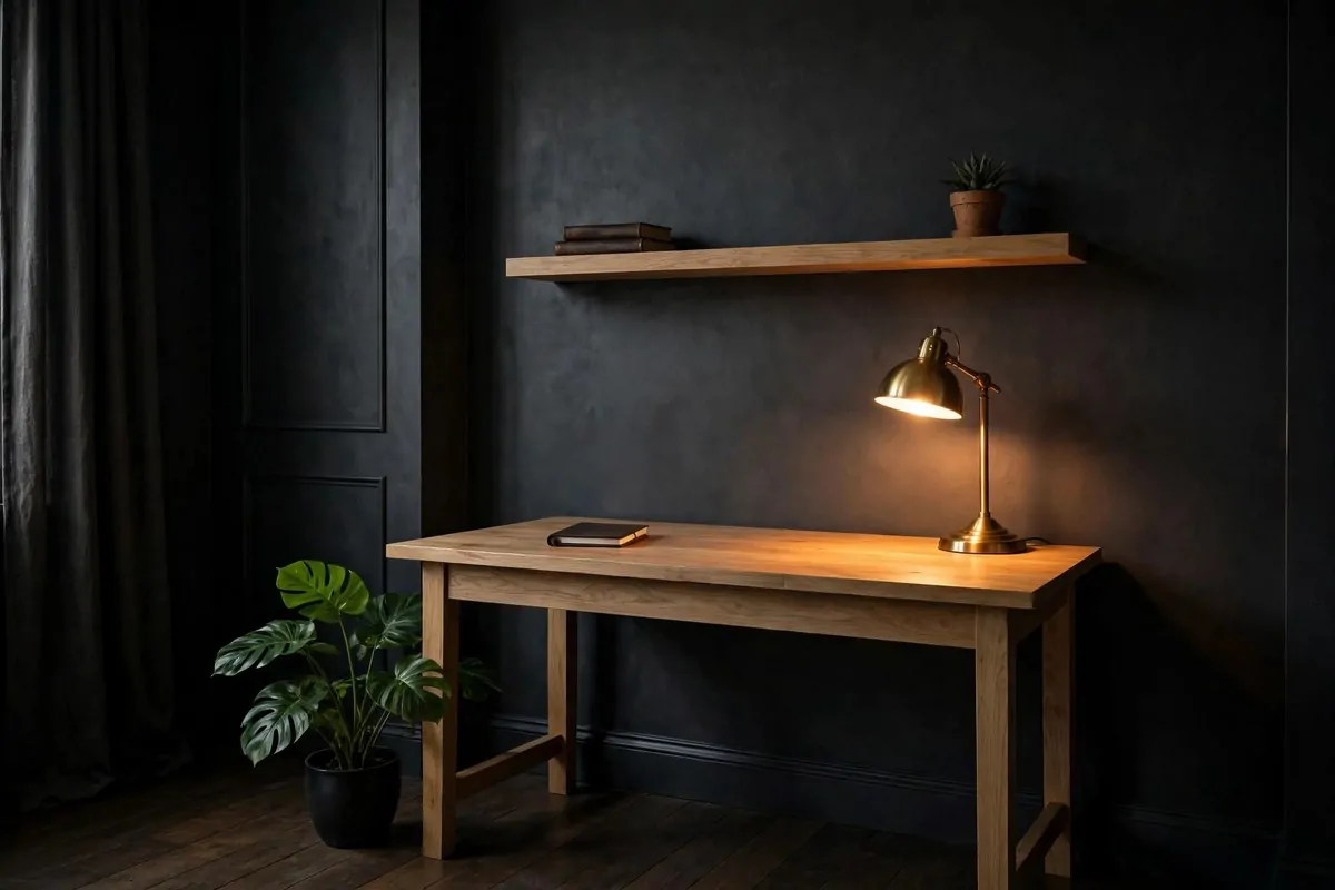 20 Moody Office Inspiration Looks With Dark, Rich Details 1 Moody home office with charcoal gray accent wall behind a wooden desk