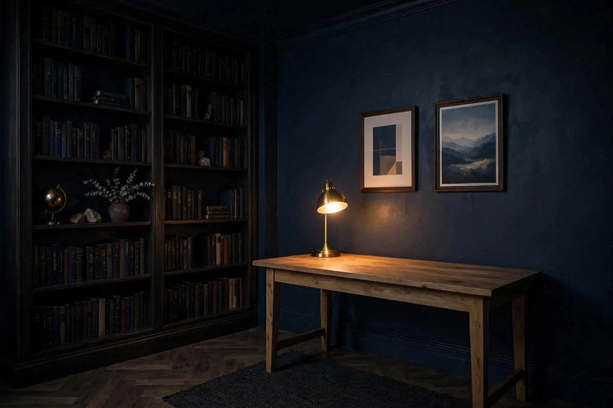 20 Moody Office Inspiration Looks With Dark, Rich Details 2 Moody home office with deep navy painted walls and warm lighting