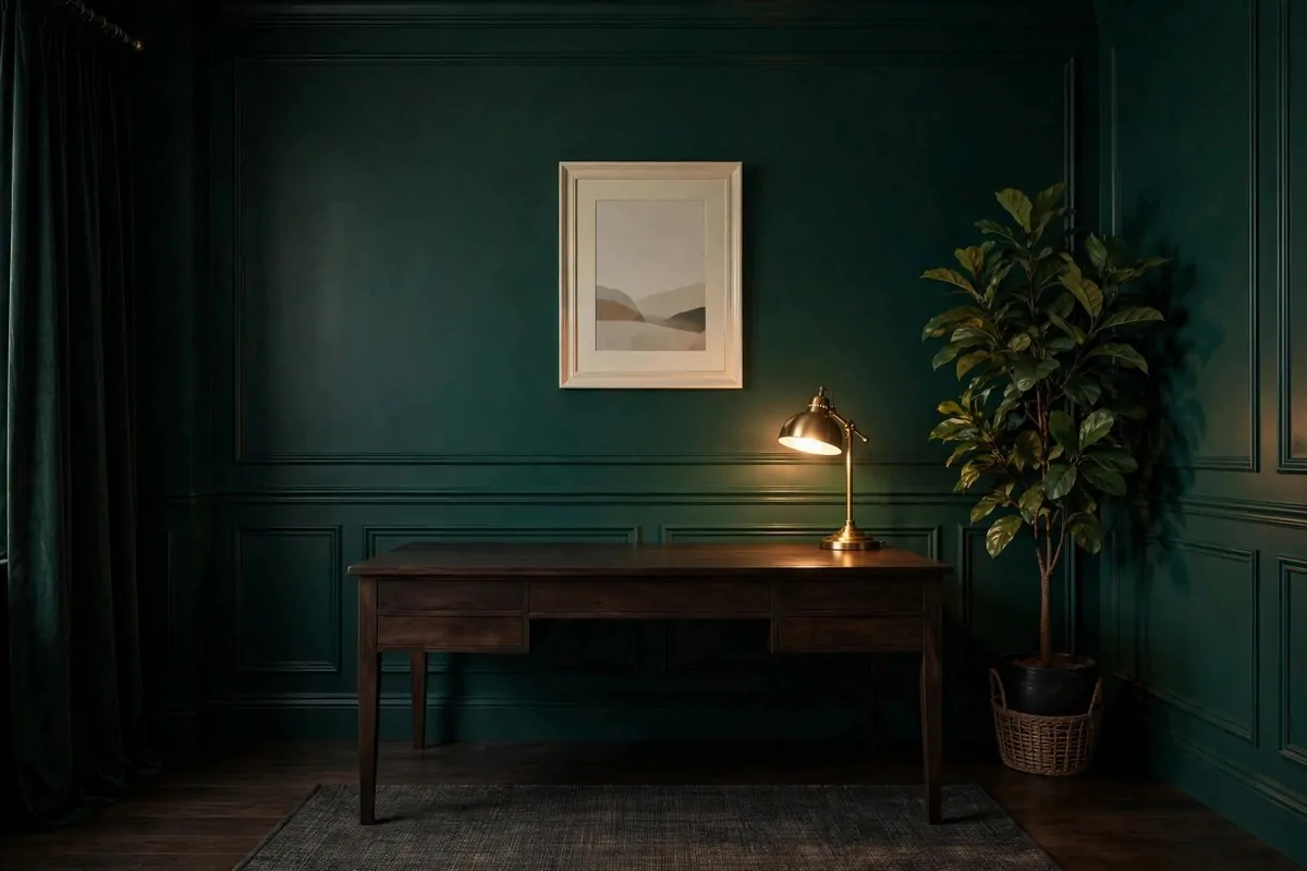 20 Moody Office Inspiration Looks With Dark, Rich Details 3 Moody home office with rich emerald green walls and brass lamp