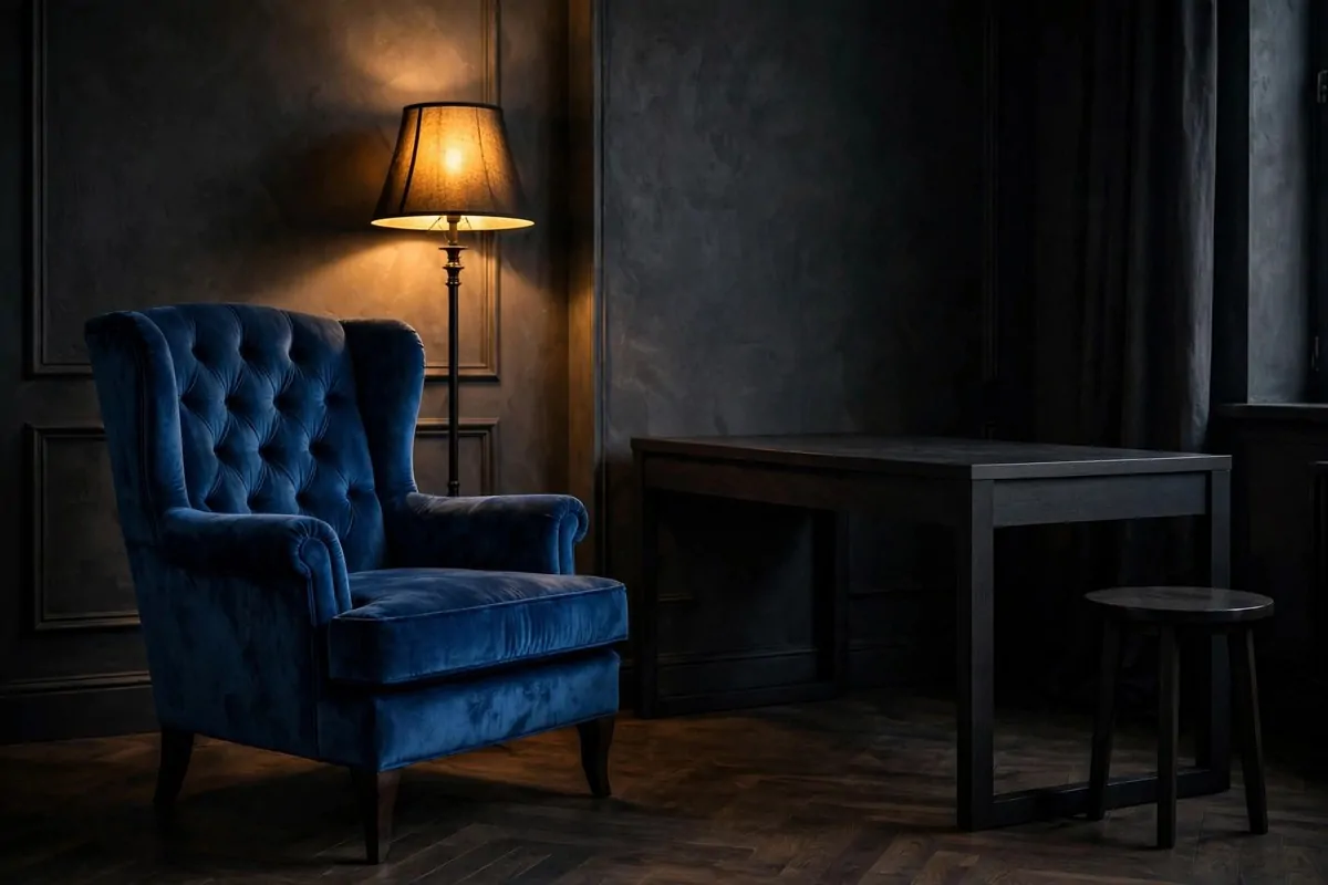 20 Moody Office Inspiration Looks With Dark, Rich Details 4 Sapphire blue velvet chair in a dark moody home office