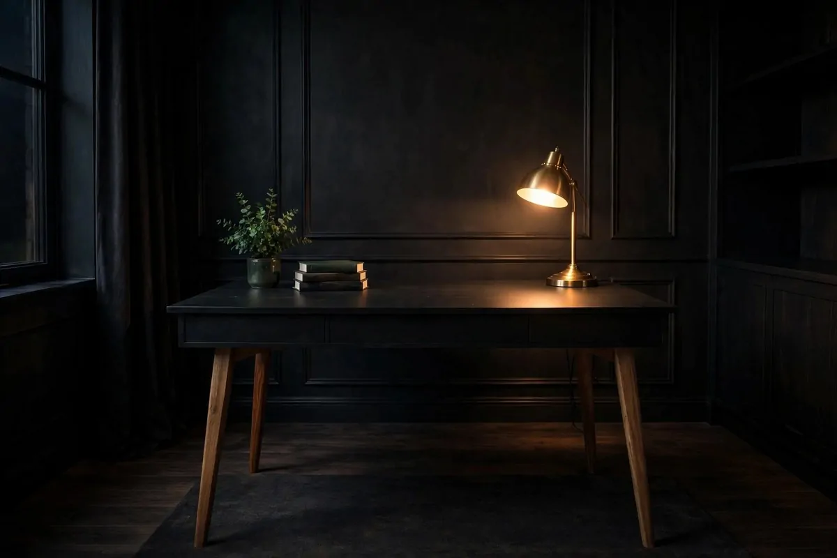 20 Moody Office Inspiration Looks With Dark, Rich Details 5 Matte black desk in a dark moody home office