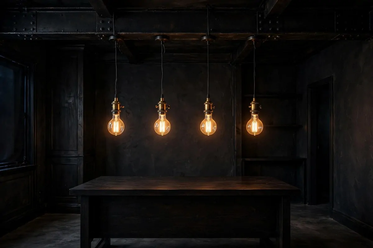 20 Moody Office Inspiration Looks With Dark, Rich Details 7 Industrial lighting with exposed Edison bulbs over a dark office desk