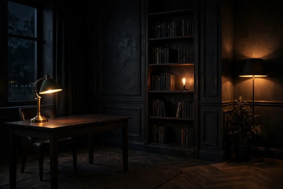 20 Moody Office Inspiration Looks With Dark, Rich Details 8 Layered warm lighting in a dark moody home office at night