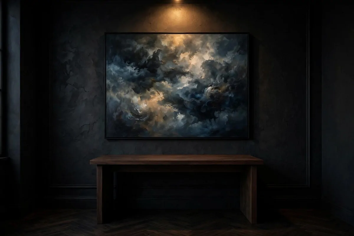 20 Moody Office Inspiration Looks With Dark, Rich Details 9 Oversized moody statement art on a dark office wall