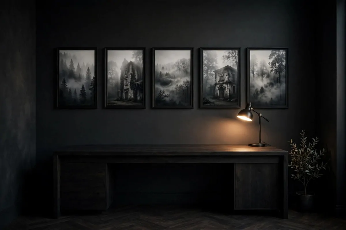 20 Moody Office Inspiration Looks With Dark, Rich Details 10 Framed black and white photography gallery wall in a dark office