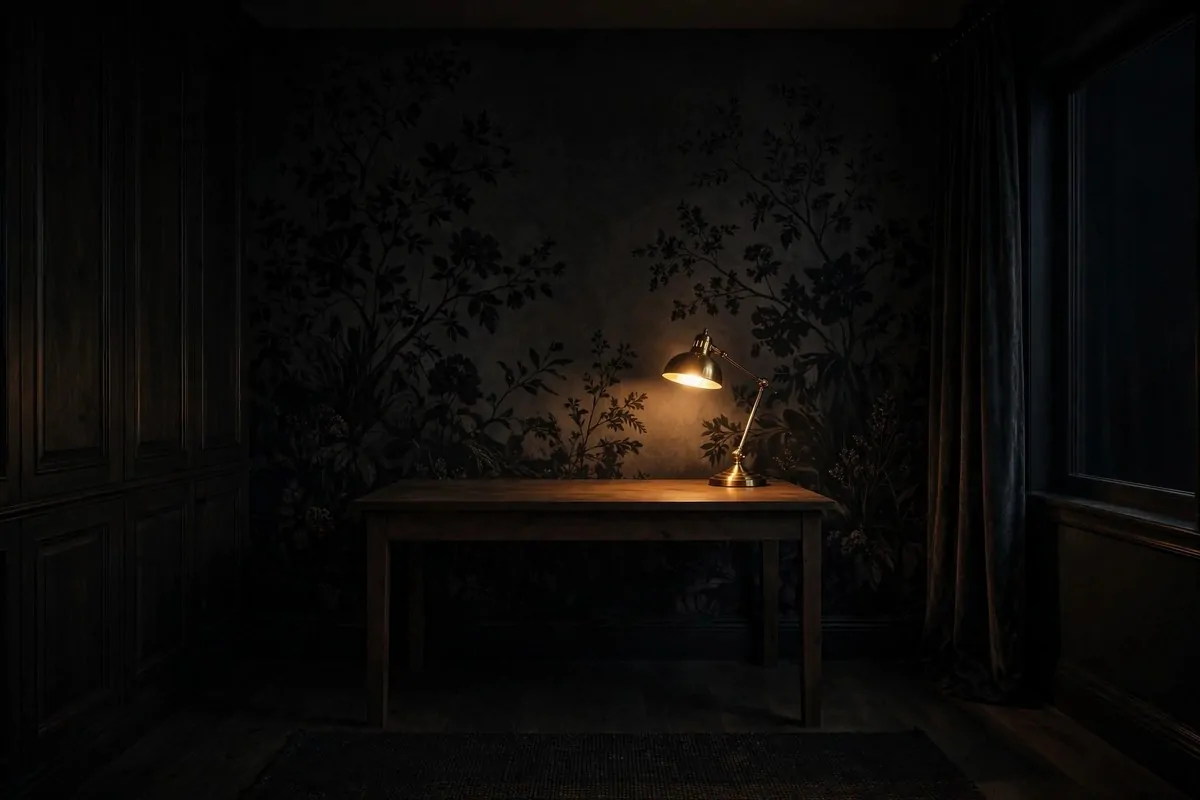 20 Moody Office Inspiration Looks With Dark, Rich Details 11 Dramatic dark botanical wallpaper in a moody home office