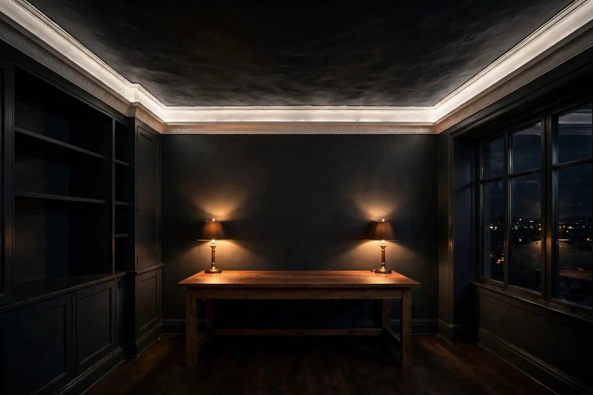20 Moody Office Inspiration Looks With Dark, Rich Details 12 Dark painted ceiling in a moody home office