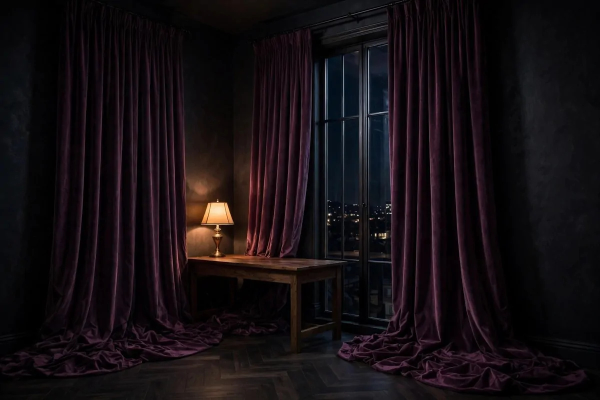 20 Moody Office Inspiration Looks With Dark, Rich Details 13 Heavy velvet curtains in deep plum in a dark home office