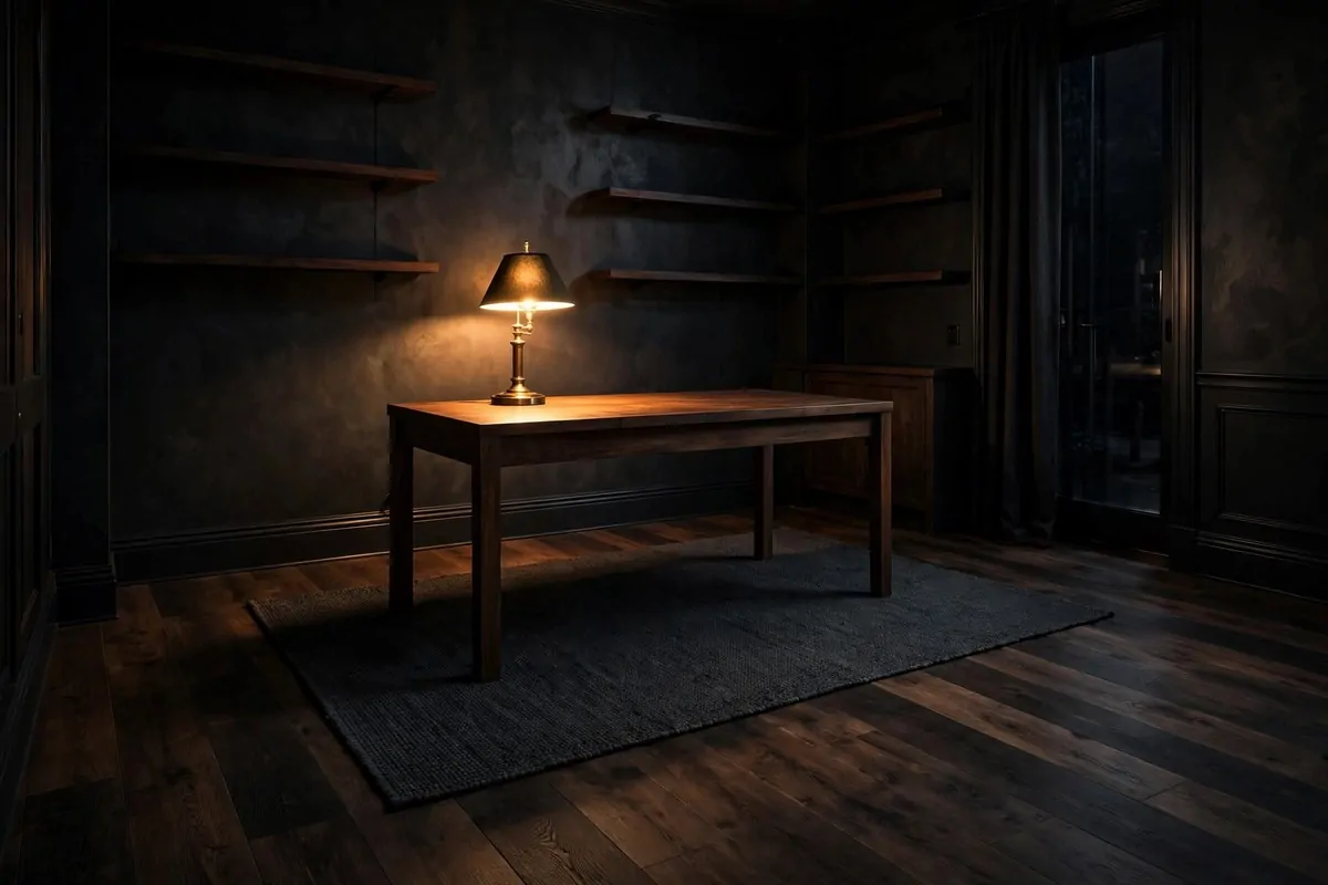 20 Moody Office Inspiration Looks With Dark, Rich Details 14 Dark wood flooring with wide planks in a moody office