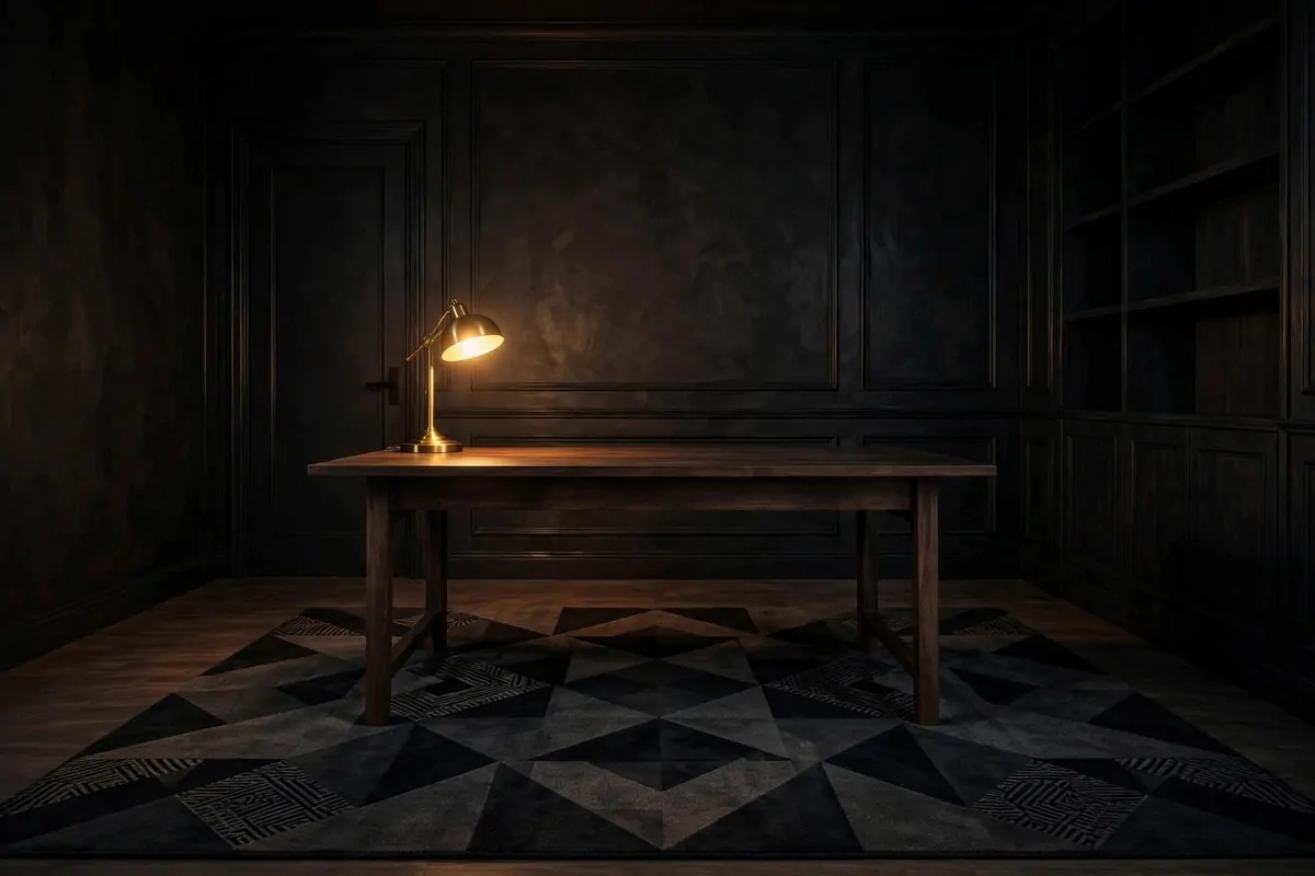 20 Moody Office Inspiration Looks With Dark, Rich Details 15 Geometric rug in dark tones under a desk in a moody office