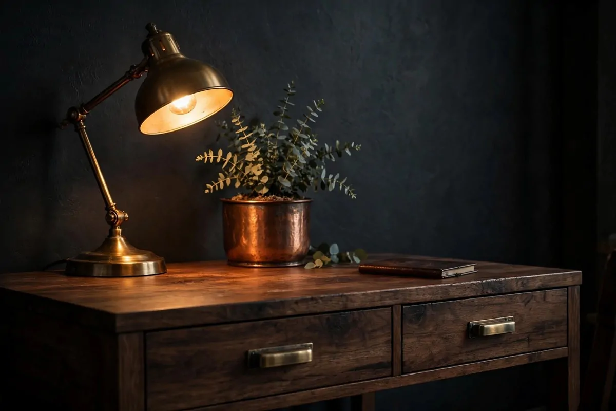 20 Moody Office Inspiration Looks With Dark, Rich Details 16 Brass and copper fixtures in a dark moody home office